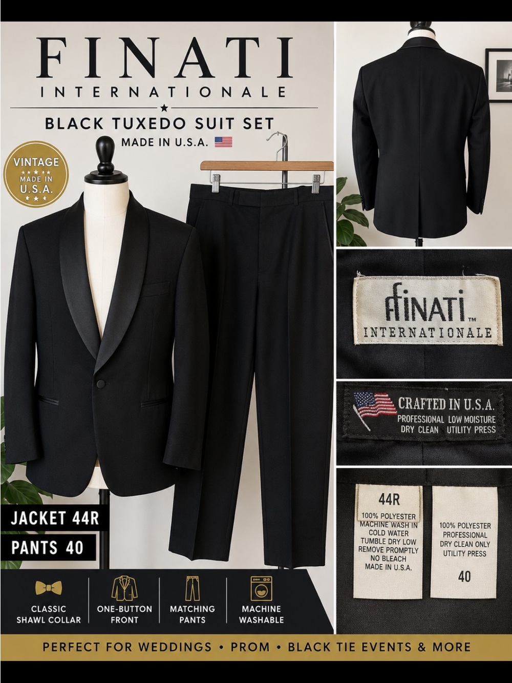Finati International Black Shawl-Collar Tuxedo Jacket & Pants 44R jacket 40 Pant
